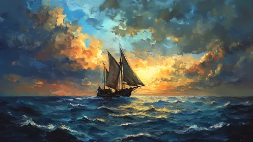 Oil-rendered schooner cutting waves under turbulent chromatic sky.