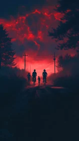 Cyclists race toward a glowing red storm on a rural road