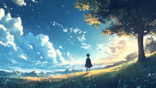 Solitary figure on sunlit meadow under expansive sky.