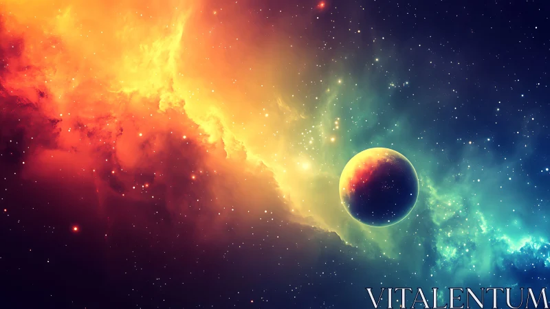 Radiant cosmic nebula engulfs a lone distant planet.