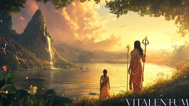 Divine figures beside golden river under glowing sunset.