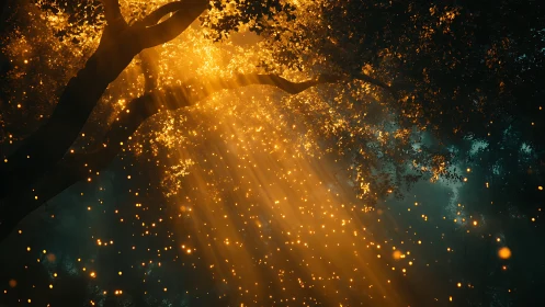 Sunlit forest canopy with suspended glowing particles.
