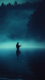 Solitary angler suspended in teal mist over silent waters.