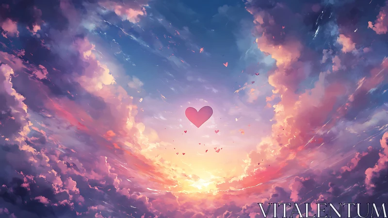 Radiant pink heart drifts above glowing multicolor sunset sky