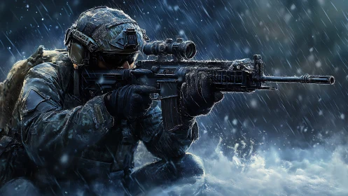 Tactical Soldier in Heavy Rain with Scoped Rifle.
