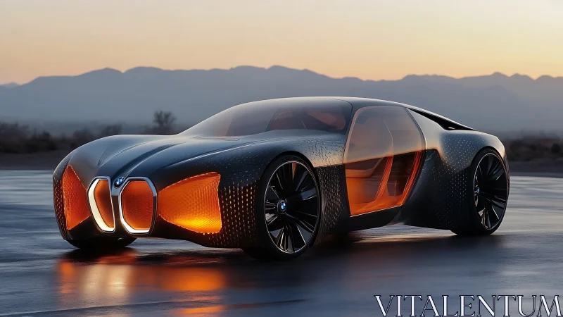 Futuristic concept supercar glows at sunset on wet runway.