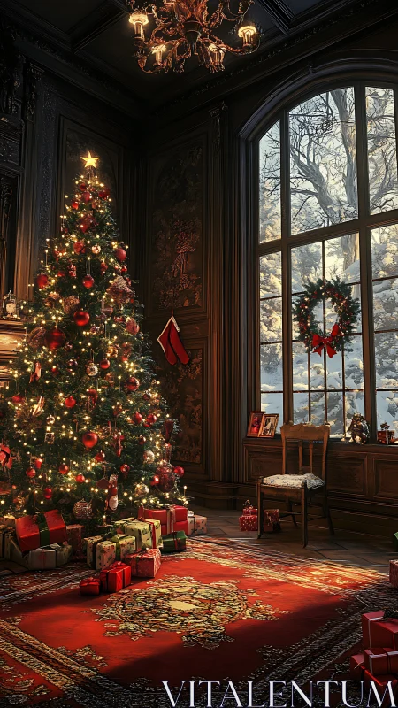 Interior view of decorated Christmas tree in dark paneled room.
