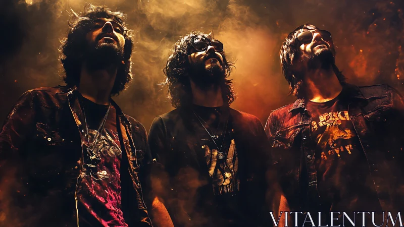 Three rock musicians stand in dramatic low-angle lighting