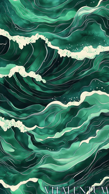 Emerald tide tapestries rolling in layered liquid rhythm.