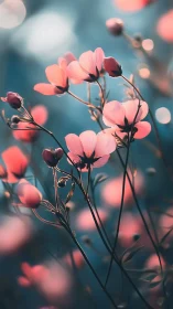 Pink cosmos flowers bloom against soft teal bokeh background.