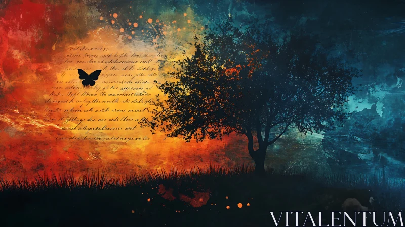 Silhouetted tree and butterfly divide contrasting color fields.