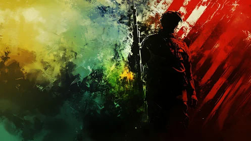 Silhouette soldier divides chaos and fire in abstract storm.