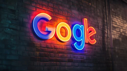 Illuminated multicolor Google logotype on brick wall surface.