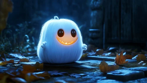 Fluffy jack-o-lantern ghost glowing on misty stone path.