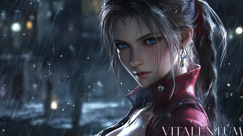 Stormlit gaze of a determined heroine in the rain-soaked city.