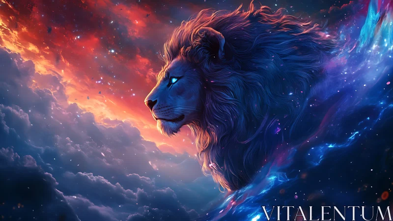 Starlit lion drifts between nebula tides and burning dawn