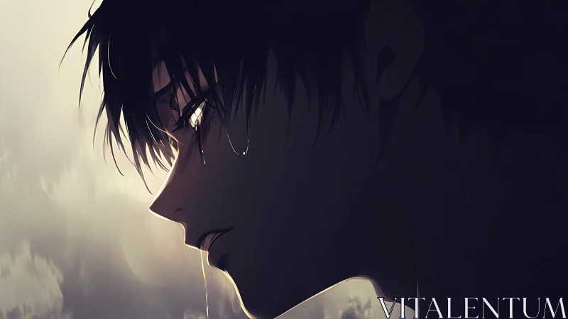 Melancholic anime boy in side profile with tears at dusk.
