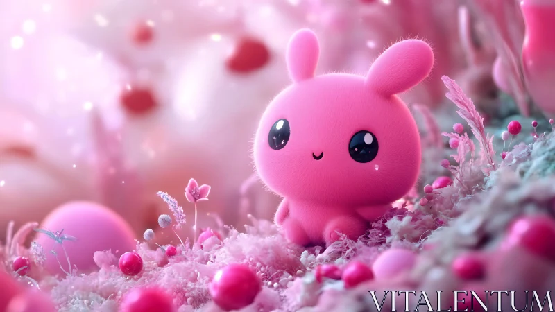 Fluffy pink creature stands in luminous pastel fantasy meadow