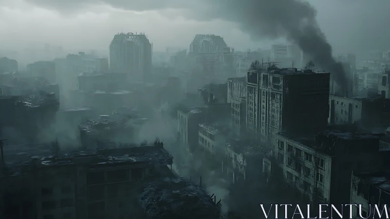Ruined cityscape shows dense fog, damaged towers, rising smoke
