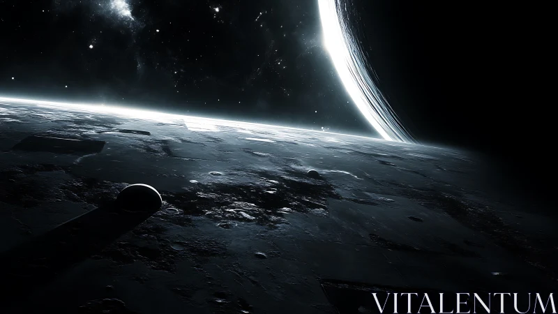 Rendered planetary surface under distant ringed light source