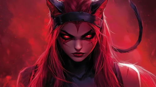 Demonic cat-eared warrior emerges from an infernal red haze