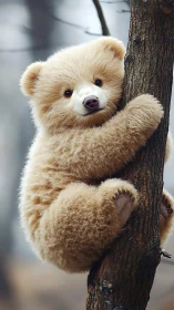 Fluffy baby bear clinging to tree in soft forest light.