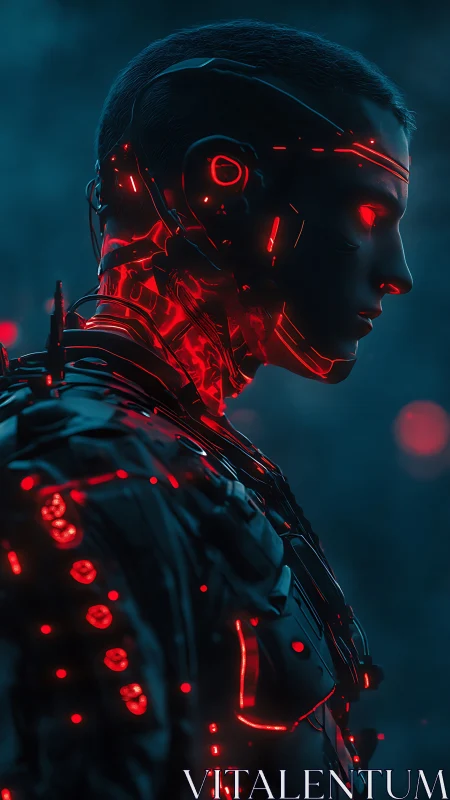 Neon veins of a silent cyborg ignite the stormy dusk