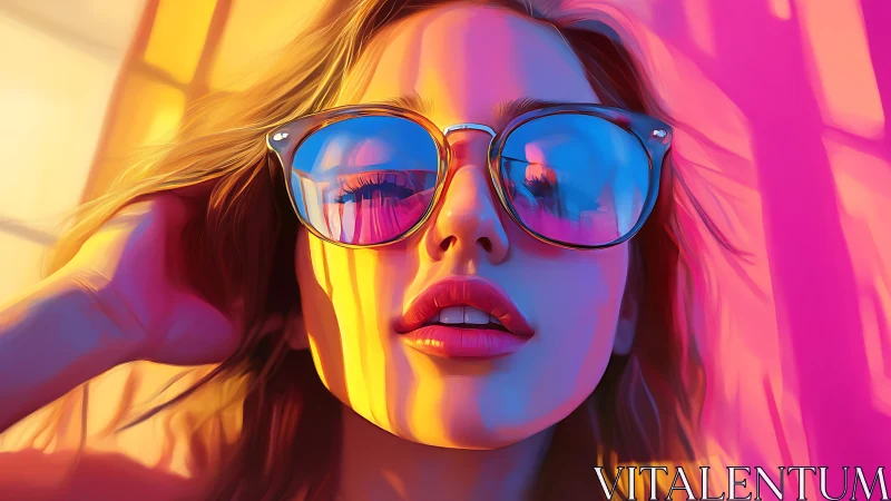 Neon-lit close-up portrait with reflective sunglasses and bold color fields.