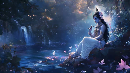 Moonlit flute bearer dreaming beside a whispering waterfall.
