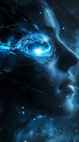 Cyberpunk neural surge portrait with luminous ocular core.