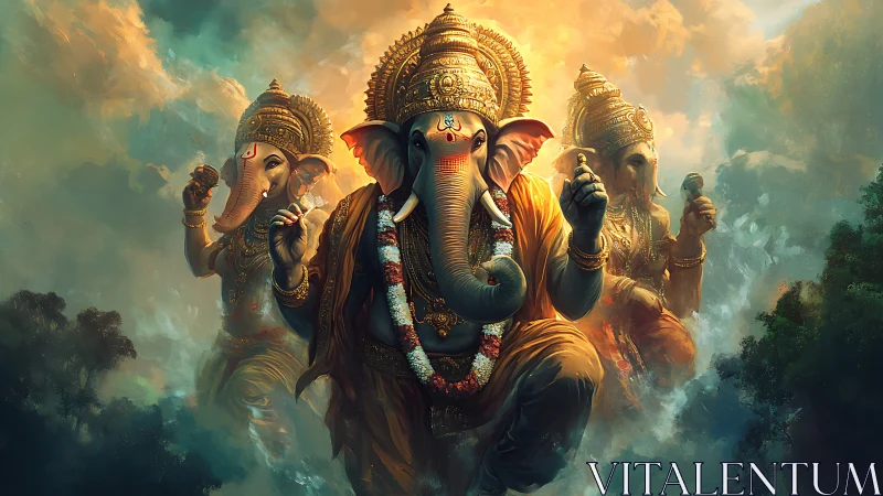 Elephant-headed deities stride forward through glowing clouds
