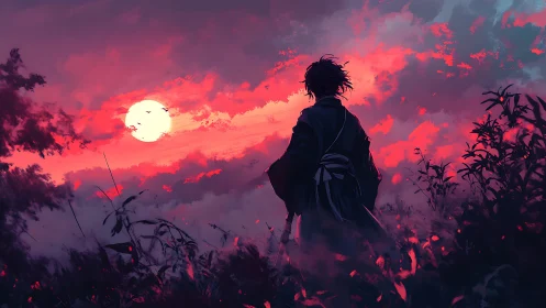 Figure in robe observing red sunset sky over foliage.