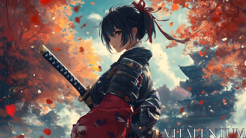 Samurai warrior stands beneath fiery autumn foliage.