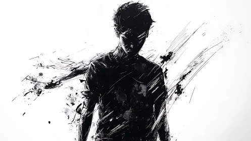 Silhouetted figure emerges from dynamic black ink strokes