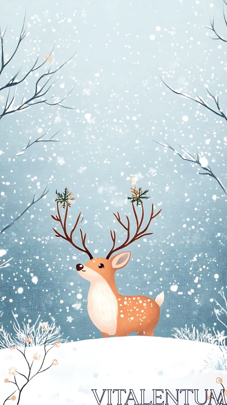 Young winter deer under soft falling snowflakes.