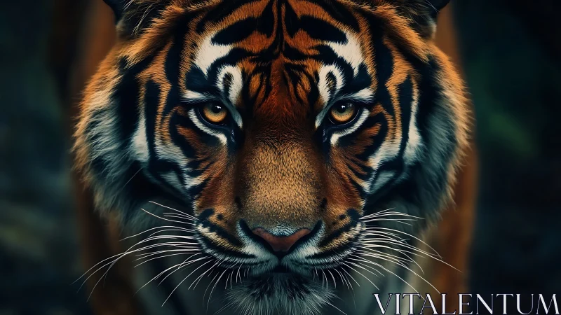 Close frontal view of tiger face with detailed markings.