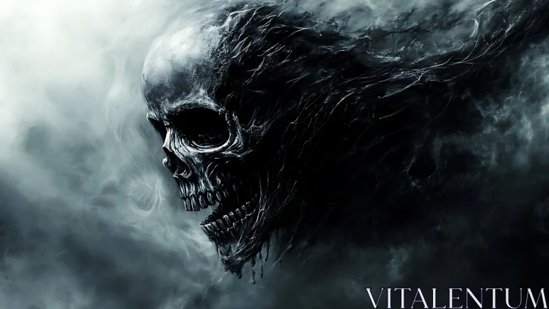 Skull-like form dissolving into dark swirling vapors.