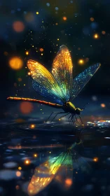 Luminous dragonfly hovers over water in glowing twilight.