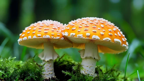 Macro study of paired Amanita mushrooms on mossy forest floor