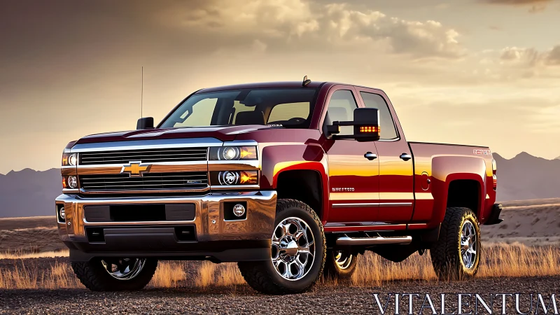 Lifted red pickup truck on desert plain at sunset.