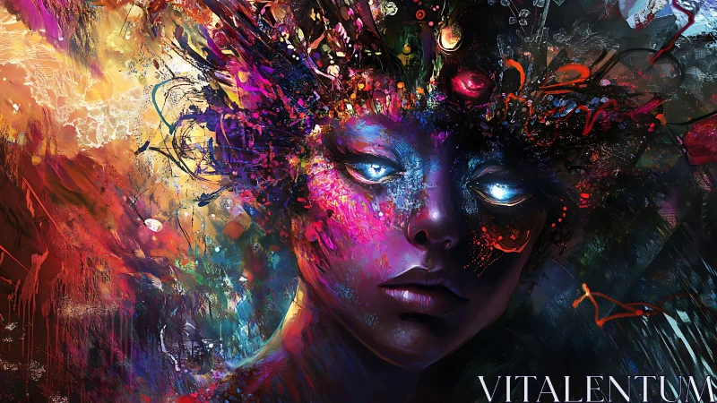 Digital painting portrait with luminous eyes and chromatic chaos.