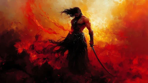 Solitary battle-scarred swordsman in infernal red blaze