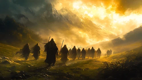 Cloaked travelers crossing sunlit valley toward blazing peaks.