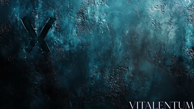 Textured teal abstract wall with engraved X mark left aligned.