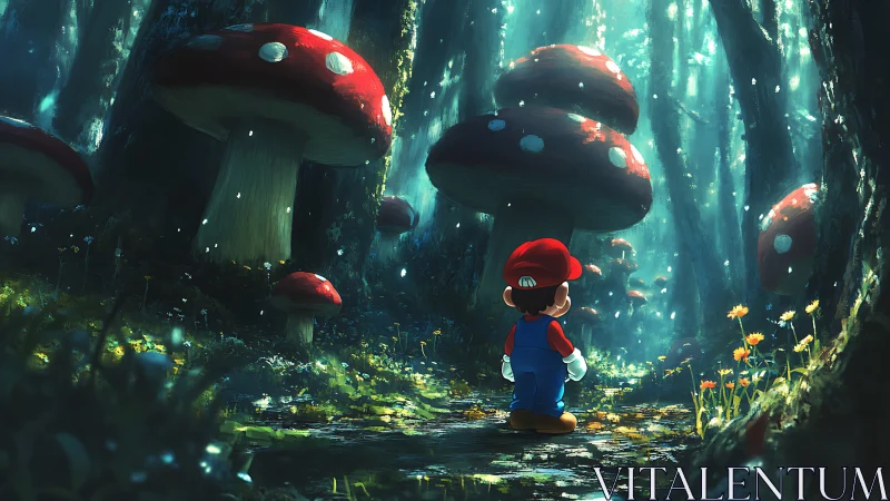 Plumber silhouette explores luminous giant mushroom forest.