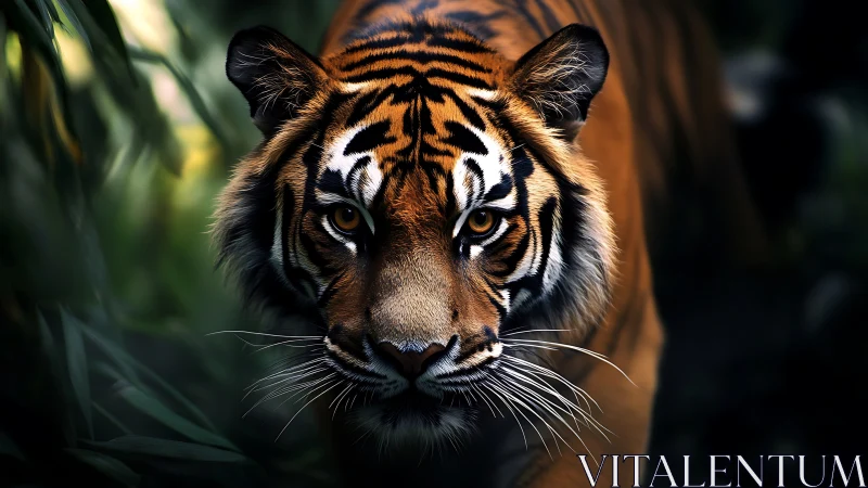 Tiger in dense foliage with focused frontal viewpoint.