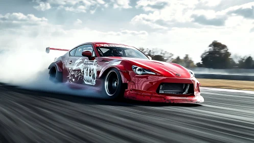 Scarlet drift rocket chews asphalt and exhales white thunder
