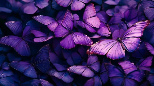 Cluster of luminous purple butterflies in close-up view.