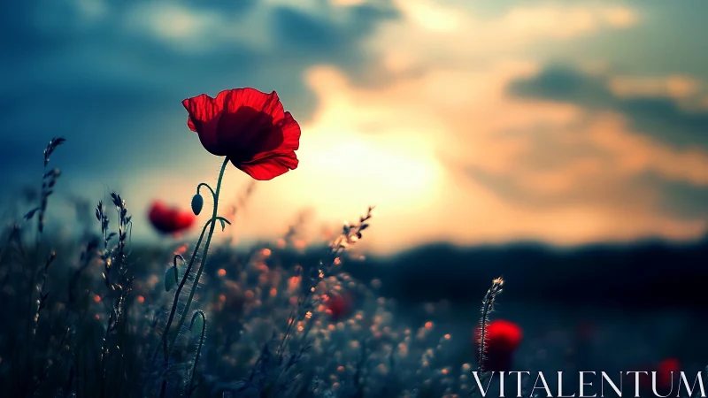 Gentle red poppy glowing softly in a dreamy sunset field.
