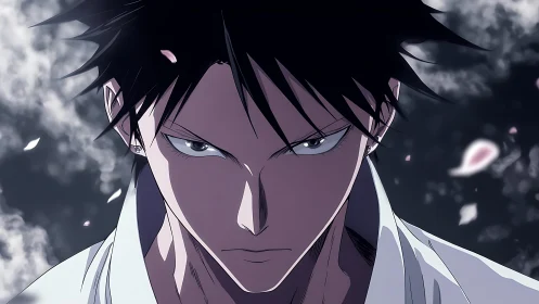 Intense anime male portrait under falling petals at dusk.